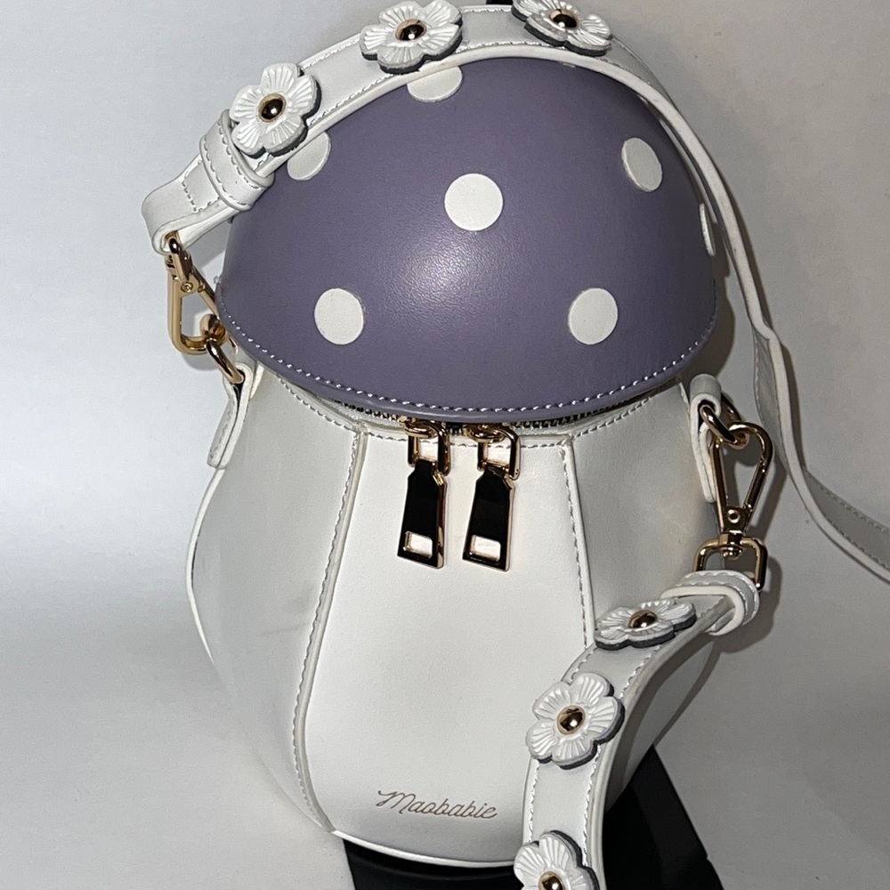 Maobabie Mushroom White and Purple Polka Dot Crossbody Bag